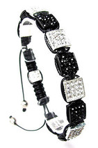 Black Silver Rhinestone Pave Square Bead Cuff Bracelet Adjustable  - £12.66 GBP