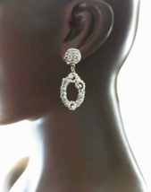 2.3/8" Long Dainty Silver Tone Hoop Earrings AB & Clear Rhinestones Bridal - $13.78