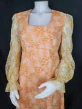 70s Maxi Dress Sz M Orange Floral Chiffon Overlay Empire Prairie Handmad... - $137.18