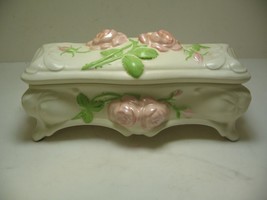 Vintage Porcelain Jewelry Trinket Holder Rose Design 4 Legs Felt Feet 8&quot; x 3&quot; - $24.99