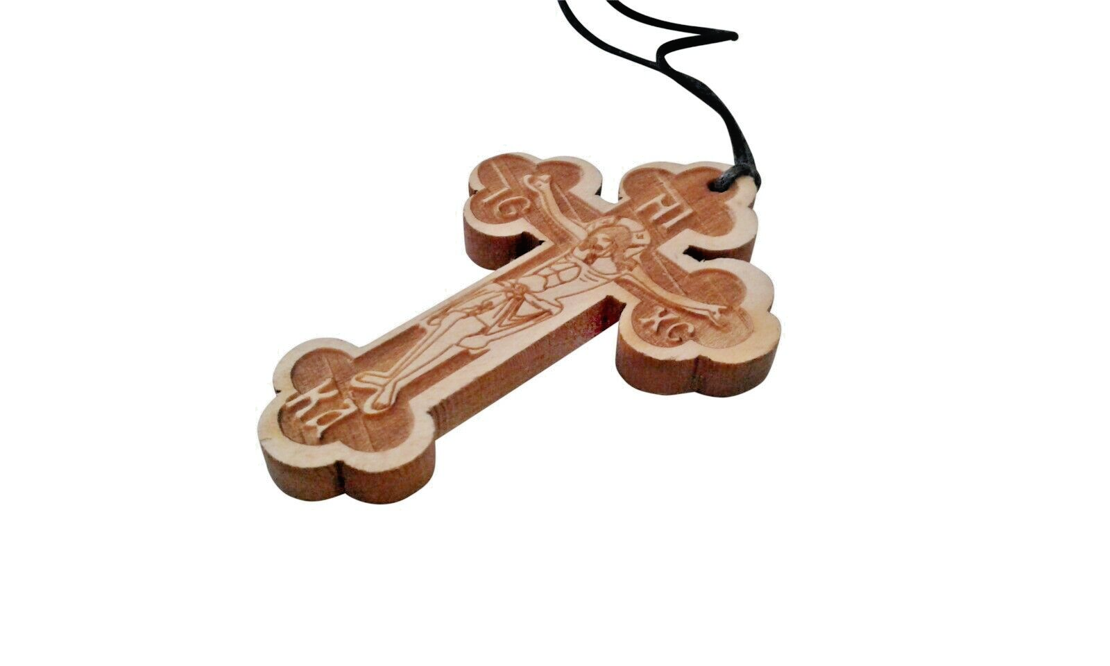 Natural Wood Orthodox Carved Cross Pendant Necklace 2.2&quot; Good Detail - $9.49