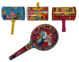 Lot of 4 Vintage US Metal Toy MFG Co Noisemaker Toys Dancers New Year Mardi Gras - £16.77 GBP