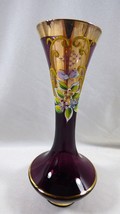 Vtg Bud Vase Kreiss Japan Purple Art Glass Gold &amp; Hand Painted Flowers - £26.59 GBP