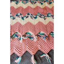 Crocheted Afghan Blanket Throw Chevron Pink Blue Handmade 40x51 Granny cottage - £15.28 GBP