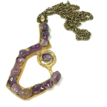Amethyst Purple Nugget Large Pendant 4&quot; Necklace 20&quot; Vintage Made in Brazil - £21.27 GBP