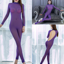 Women Seamless Long Sleeves See Transparent Bodysuit Purple Nylon Bodystocking - £10.54 GBP