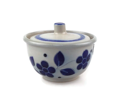 Vtg stoneware Gres De La Roche  blue floral motif sugar bowl by Jules Jaquesmart - £20.34 GBP