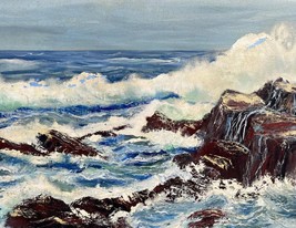 Old Oil Painting Seascape Coastal Landscape Ocean Rocks Waves Berneyce S... - $139.75