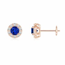 Natural Blue Sapphire &amp; Diamond Halo Earrings in 14K Gold (Grade-AAAA, 4MM) - £1,214.71 GBP