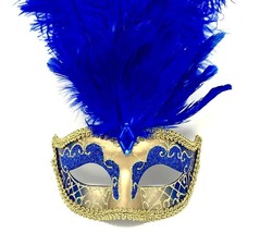 Blue Venetian Carnival Feather Masquerade Mask Mardi Gras Party - £14.77 GBP