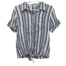 Japna Top Blouse Shirt Blue White Stripe Tie Waist Roll Tab Sleeve Size L - £7.69 GBP