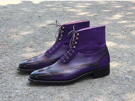 New Men&#39;s Handmade Leather Suede Purple Lace Up Wing Tip Brogue, Men&#39;s Boots - £115.09 GBP