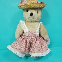 Brown Jointed Teddy Bear Pink Flower Lace Dress Plush Removable Hat Join... - $18.80