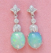 Antique Style .26 Ctw Diamond Fleur De Lis Oval Opal Drops Stud Dangle Earrings - £901.36 GBP