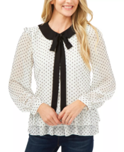 CECE Women&#39;s Collared Blouse with Bow Tie Dotted Ruffle Shoulder Size XL White - £23.72 GBP