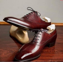 Brogues Toe Genuine Leather Maroon Brown Men Handmade Lace Up Oxford Shoes - £119.87 GBP+