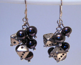 Earrings Sterling Silver Dangle Black Pearls Tiny Dice - £7.95 GBP