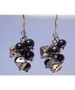 Earrings Sterling Silver Dangle Black Pearls Tiny Dice - $13.70 CAD