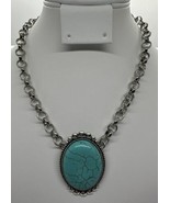 Silver Tone Faux Turquoise Oval Pendant Chocker Necklace - £7.88 GBP