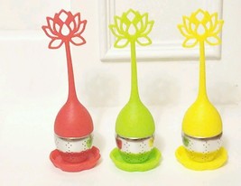 3 Tea Infuser Handle with Steel Ball Silicone Lid Strainer Red Green Yellow - $14.89