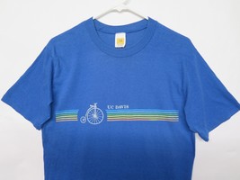 Vtg 70s 80s UC Davis University CA Aggies Bicycle Rainbow Stripe Shirt M L Blue - £52.14 GBP