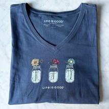 Life Is Good Mason Jar Flowers Navy Blue V-Neck Short Sleeve T-Shirt - W... - $18.95