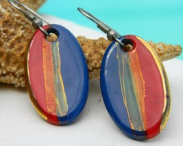 Vintage Porcelain Enamel Earrings Red Blue Gold Oval Pierced Painted - £15.94 GBP