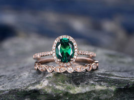 14k Rose Gold Finish Oval Cut Green Emerald Bridal Wedding Ring Set - £57.34 GBP