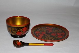 Russian Ussr Saucer, Small Bowl, Spoon Decorative Lacquer Folk Art - £20.41 GBP