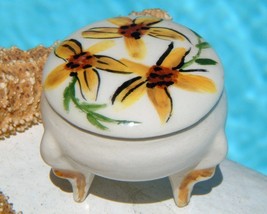 Vintage Trinket Pill Box Porcelain Flowers Yellow Mini 3 Legs Signed - £15.91 GBP