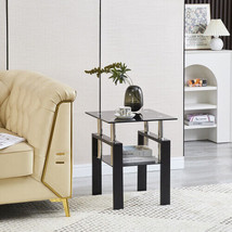 Tempered Black Glass Sofa Table, 2-Layers End Table with Storage - £64.72 GBP