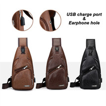 Men Shoulder Bag Sling Crossbody Chest Leather Travel Satchel USB Port Backpack - £17.57 GBP