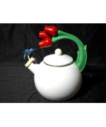 1995 VIA Ancona Enamel Whistling Tea Pot Kettle Blue Hummingbird Red Tul... - €135,40 EUR