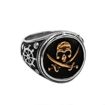 Jolly Roger Signet Ring Stainless Steel Nautical Pirate Skull Band Sizes 8-13 - £15.80 GBP