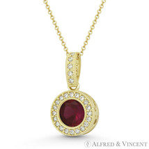 Round Cut Simulated Ruby Cubic Zirconia Crystal Halo Pendant in 14k Yellow Gold - £85.22 GBP+