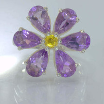Purple Amethyst Yellow Sapphire Handmade Silver Flower Ring size 7.25 Design 424 - £75.16 GBP