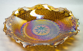 Indiana Glass Carnival Marigold Diamond Point Shallow 10&quot; Bowl Iridescent Exc - £14.17 GBP