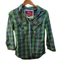 Women&#39;s SuperDry Denim Goods Plaid Shirt Size M Green 3/4 Sleeve - £11.37 GBP