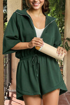 Blackish Green Collared Half Zip French Terry Knit Drawstring Casual Romper - $54.57