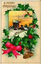 A Merry Christmas Holly Bell Windmill Cabin Scene UNP Embossed 1910s Pos... - £3.07 GBP