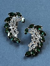 Vintage Light Blue w Dark Green Marquis Rhinestone Silvertone Spray Clip Earring - $14.89