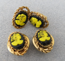 Vintage Plastic Cameo Style Cufflinks Clip On Earrings Yellow on Black Gold Tone - $9.89