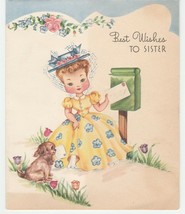 Vintage Birthday Card Girl Cocker Spaniel Dog Mailbox Sister 1940&#39;s Embossed - £6.96 GBP