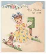 Vintage Birthday Card Girl Cocker Spaniel Dog Mailbox Sister 1940&#39;s Embo... - £7.09 GBP