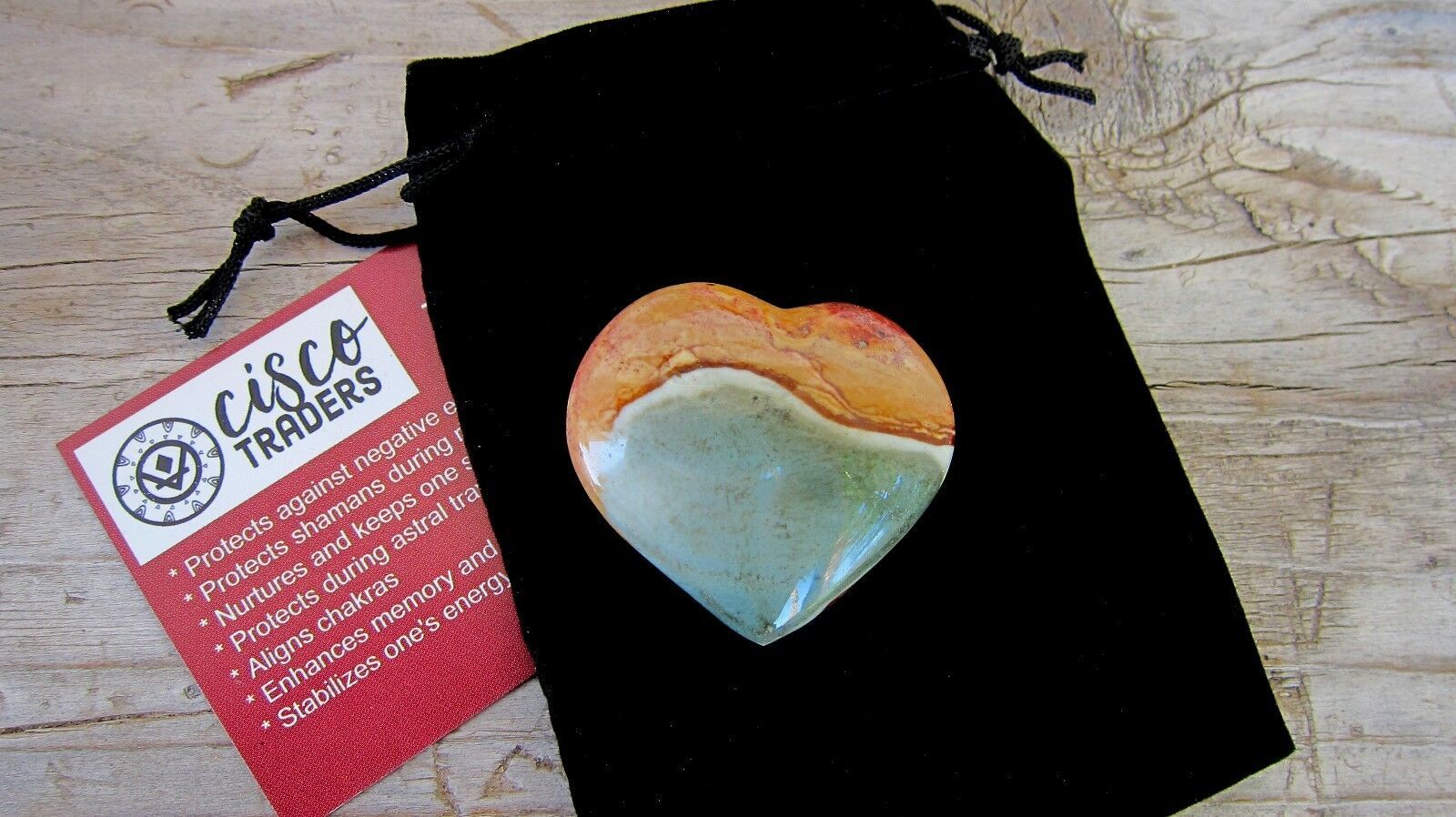 Desert Polychrome Jasper Healing Crystal Heart 35mm Black Velour Pouch - $9.04