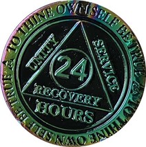 24 Hours AA Medallion Reflex Rainbow Plated Black Sobriety Chip - £14.78 GBP