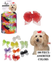 100 Pc Sheer Satin Ribbon&amp;Rosette Center Dog Hair Bows Grooming Groomer Flower - £22.51 GBP