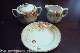 NIPPON Japan set of creamer, sugar &amp; bread plate, beautiful flowers dark red [52 - £35.92 GBP