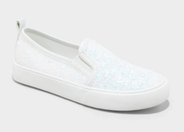 Cat And Jack Zapatillas Slip-On De Niña Blancas Con Brillo Carey Talla 3... - $9.99