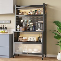 Kitchen Baker&#39;S Rack With Flip Door Cabinet, 5-Tier Microwave Stand With Pegboar - $322.99